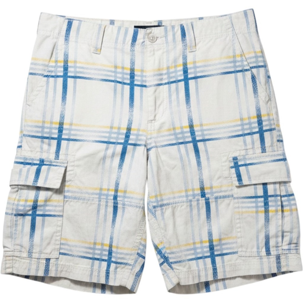 American Rag Cargo Shorts Mens 36 White Blue Yellow Plaid Cotton Utility Y2K